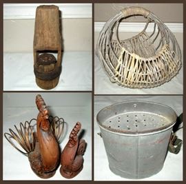 Primitive Thingy, Large Old Basket, Roosters and Metal Bait Bucket