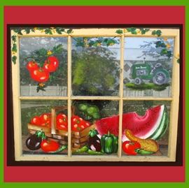 Lovely Painted Large Old Window with John Deere Tractor, Watermelon and Tomatoes, Really Done Well