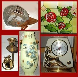 Old Fencing Helmet, Pretty Glass, Cute Mouse Candle Holder, Very Tall Asian Inspired Vase and Vintage Sessions Clock with Deer