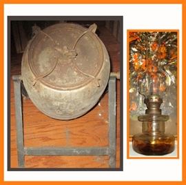 Antique Metal Butter Churn and Antique Ship's Lantern
