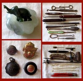Small Jade Candle Holder and Smaller Jade Elephant, Collection of Antique Button Hooks; 2 of Them are Sterling Silver, Tiny Basketball Pins, Stick Pin with Nude Lady, and Other Cool Smalls