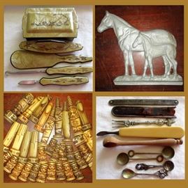 Celluloid Dressing Set, Metal Horse Sculpture, Interesting Chess Pcs, & Tiny Spoons 