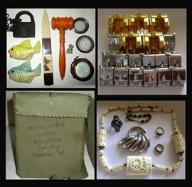 Old Lock, Bakelite Gavel, Souvenir Letter Opener,  Glass Boxes, Metal Miniature Buildings, Old Military Ammo Satchel and Jewelry