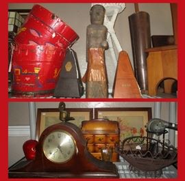 Pair of Painted Sap Buckets, Metronomes, Carved Wooden Doll with Copper Hat and Apron, Antique Gilbert Mantel Clock, Cool Old Metal Basket with Feet and More 