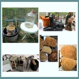 Metal Patio Chairs, Large Glass Bottle, Concrete Dog and Gnome, Sponges and More