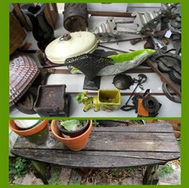Old Bench, Lots of Cool Metal Pieces and Vintage Pottery