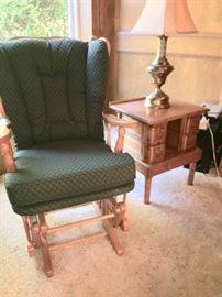 Cushioned Slide Rocker - Very Clean 2 matching end table and Stiffel Brass Lamp
