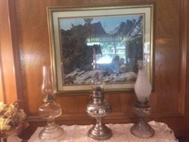 collectible hurricane lanterns including silver plated lanterns, Larry Dyke print