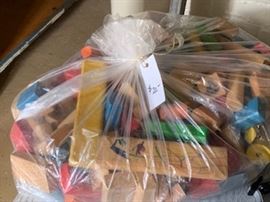 Large bag of vintage wooden building blocks