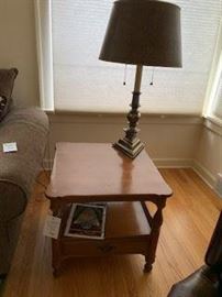 Solid wood square end table with Stiffel brass table lamp