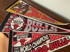 Vintage World Champion Chicago Bulls pennants. 1990, 1991, 1992, 1993