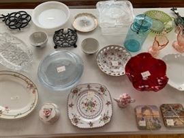Ruby glass dish, vintage pyrex pie plate and cover