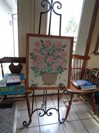 easel w/ handmade needlework