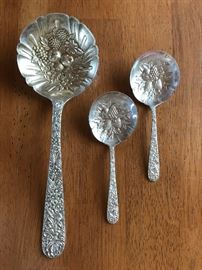 S. Kirk & Sons Repousse 9 1/4" berry spoon and (2) bonbon spoons