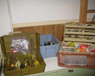 fishing tackle boxes and lures, reels, rods