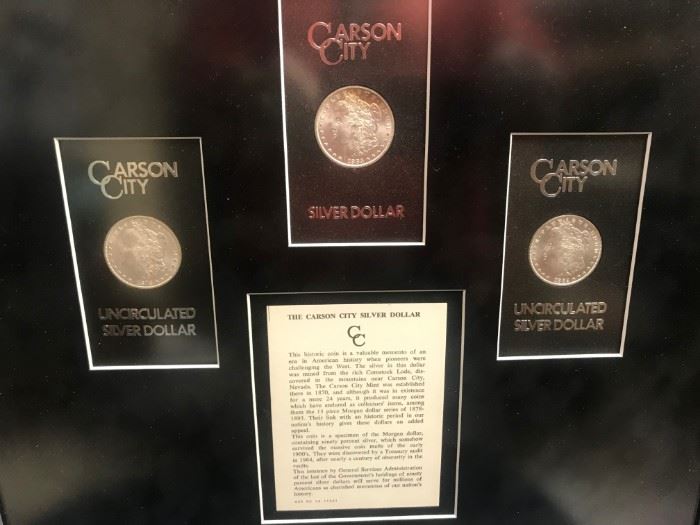 Framed Carson City Coins, 1878, 1883, 1882