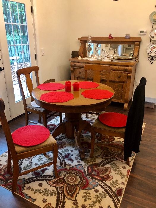 Vintage round pedestal table with 4 chairs and antique server