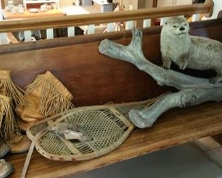 Church pew, leather fringe boots, snowshoes and Peter the Otter (great piece of taxidermy)