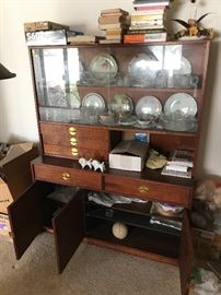 Oil Walnut Display cabinets with brass draw pulls and  leather pulls on cabinet door