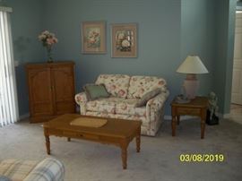 Hooker Furniture Media cabinet; Miles Talbot Love seat; Broyhill Coffee Table; 1 of 4 Broyhill End Table(s)