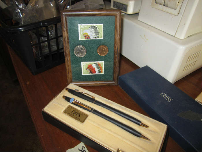 Cross Union Carbide Award Pen and Pencil Set, Indian Head Penny, Nickel and Stamps