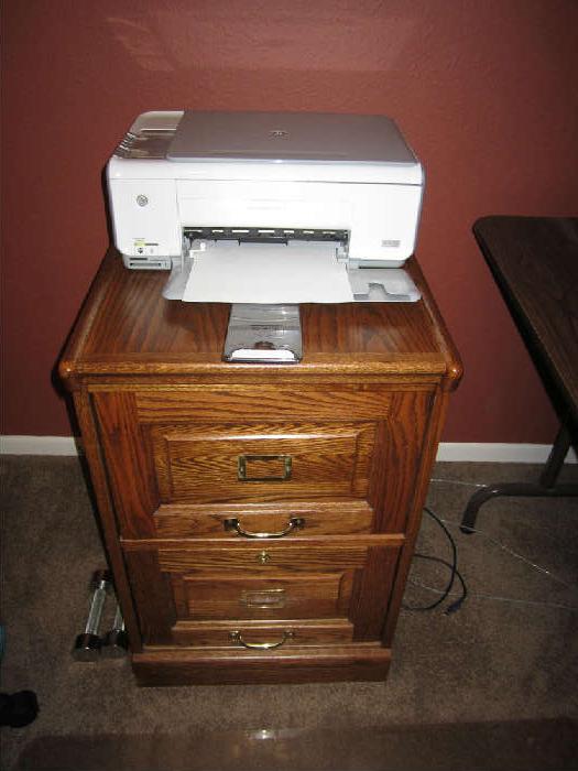 Two Drawer Oak File Cabinet and HP All in one, printer, copier, scanner