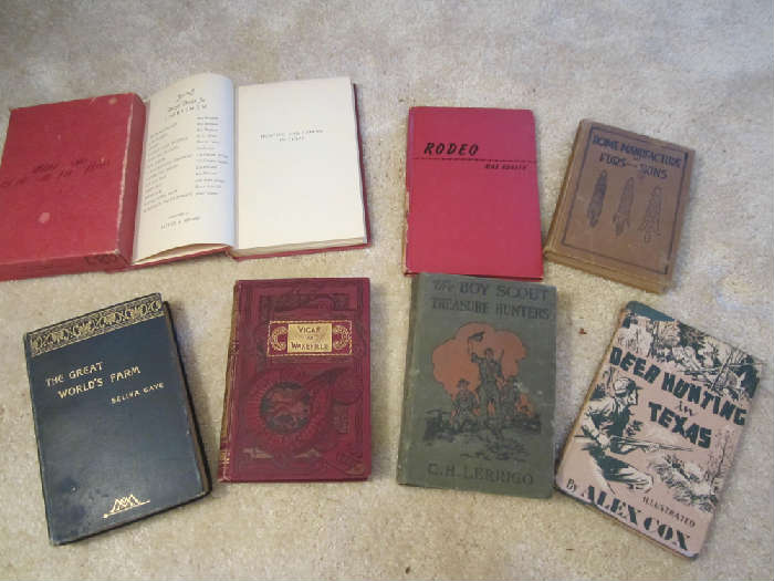 The Great World's Farm by Selina Gaye, Vicar of Wakefield circa 1894, Rodeo, by Max Kegley, The Boy Scout Treasure Hunters by C.H. Lerrigo, Home Manufacture of Furs and Skins Copyright 1916, by Albert Farnham, Deer HUnting in Texas, Copyright 1947, by Alex Cox