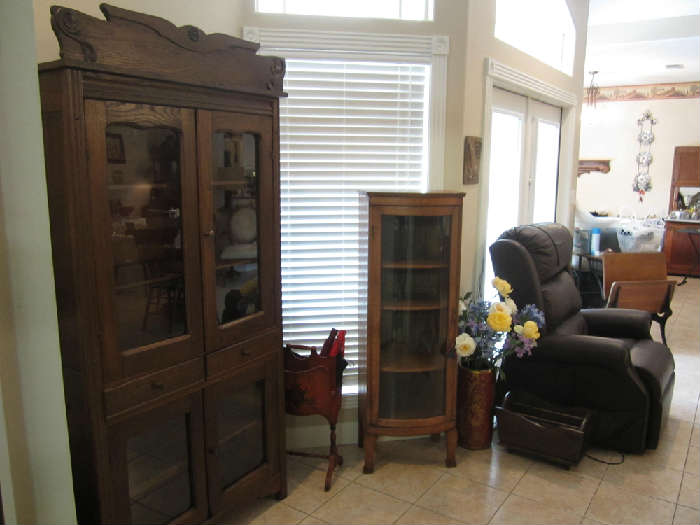 American Made Pie Safe, Sweet Curio Cabinet, And Absolutely the Softest Leather Lift Chair You Will Ever Sit In!