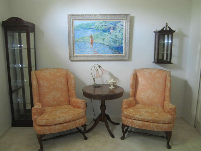 Wing Back Chairs, Beautiful Oil Painting, Mahogany Drum Table, Curio Cabinet and Walnut Wall Display Unit
