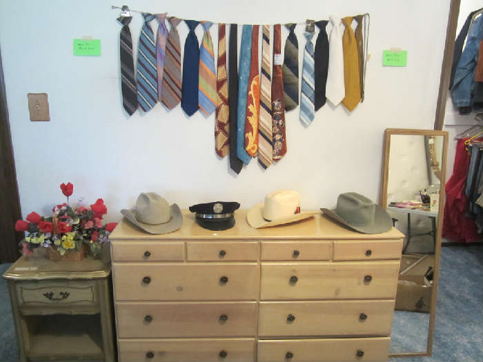 Ties, Cowboy Hats, Fireman Hat, a closet full of pants, shirts, coveralls and suits!