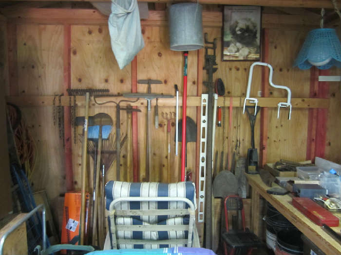 Some really nice Yard tools, axes, pole saw, shovels, Antique (1926) tall/long furniture clamps
