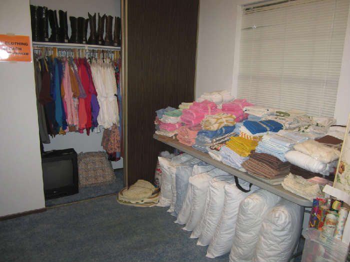 Linens, pillows, women's clothing, nice boots, size 12 D and more!