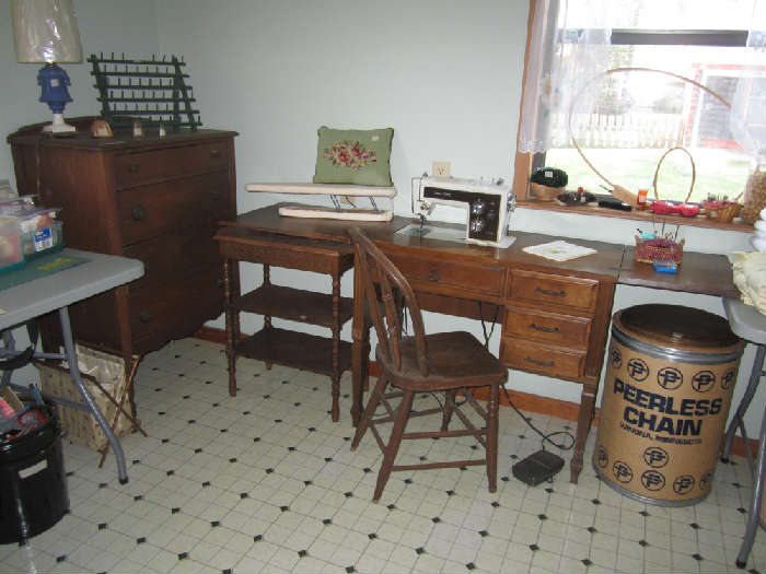 Chest of Drawers, Working Sewing Machine, Accent Table (under the left side of the folded out sewing table)