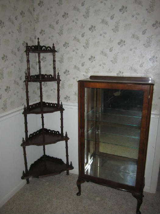 Lighted, Mirrored, Display Case and 5 Tiered Vintage Corner Shelf