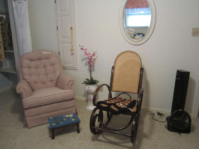 Nice Bentwood Rocker, Sitting Chair, Needlepoint Footstool, Two Fans, Shabby Chic Wall Mirror