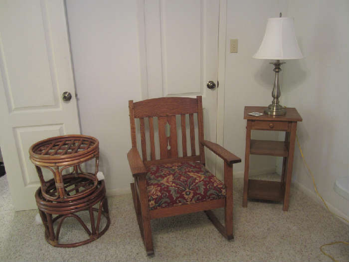 Mission Oak Rocker, Accent Table and Rattan Stools or End Tables