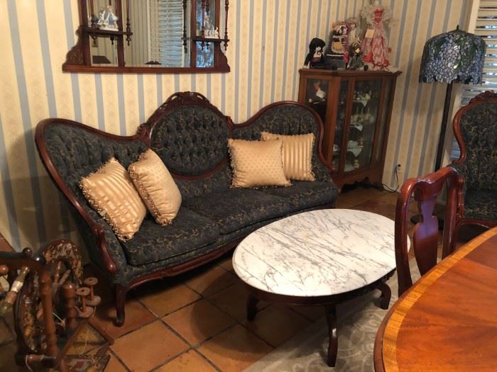 Kimball Victorian Sofa, Oval Marble Top Table