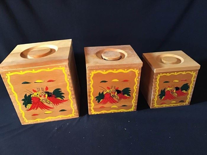 Vintage 1950's Wood Rooster Canister Set