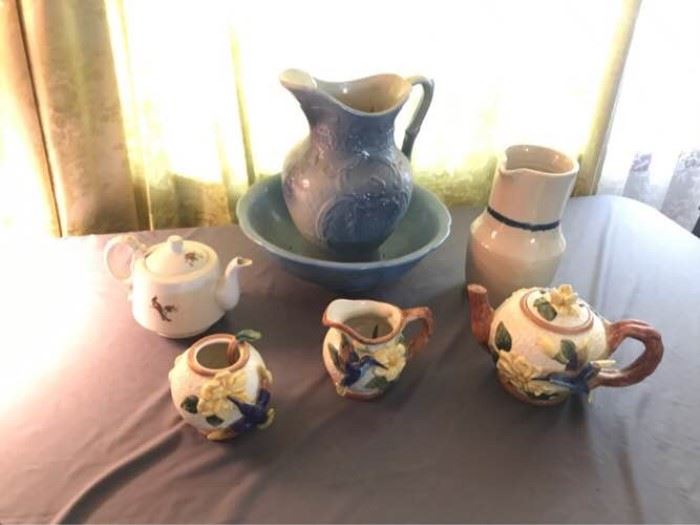 Vintage Pitcher/Wash Basin and Assorted Teapots