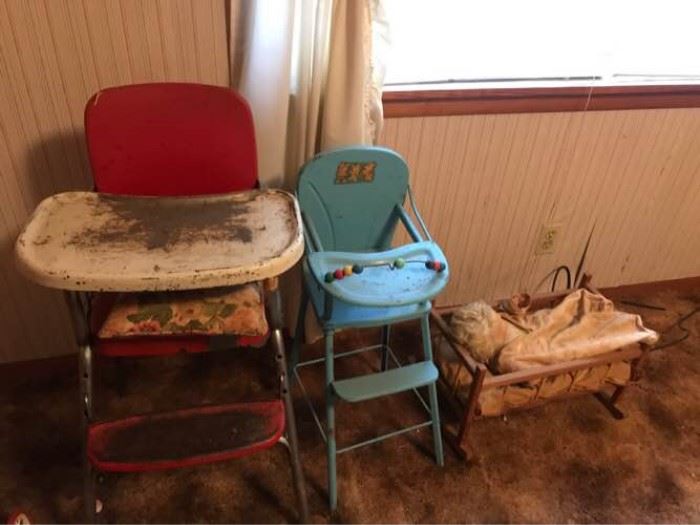 Vintage High Chairs and Doll Bed