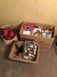 Baskets, Assorted Sewing Items, & Picture Holders