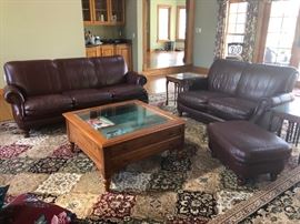 Leather Sofa & Love Seat, Ethan Allen Coffee Table w/ Display Area, Large Carpet