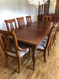 Domain Table w/ 1 Leave, 8 Inlaid Chairs & Breakfront