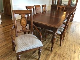 Domain Table w/ 1 Leave, 8 Inlaid Chairs & Breakfront