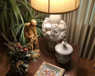 Capodimonte ashtray and lamp.  chalkware statue and 1 of 2 Capodimonte Lamp