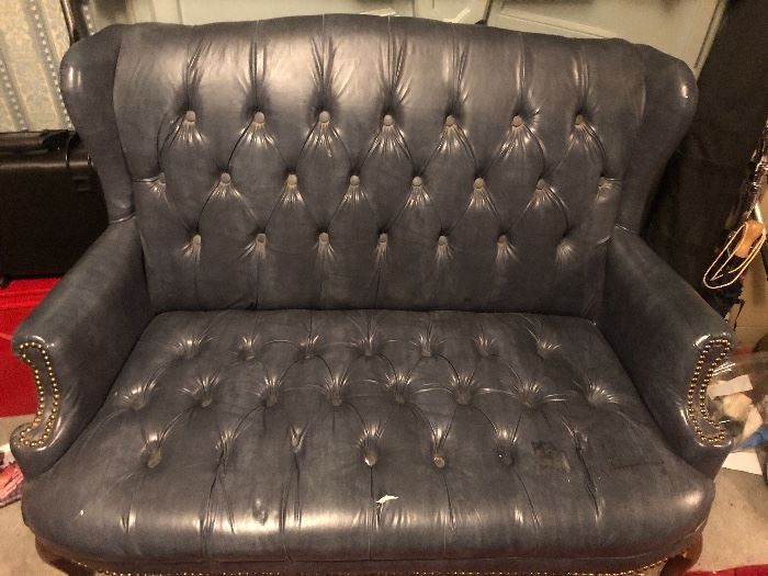Vintage leather tufted library love seat