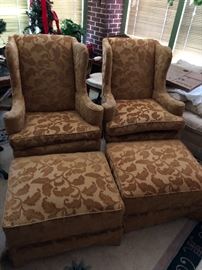 Cut Velvet Wingback and ottoman Pair