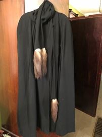 wool gaberdine cape with fox scarf