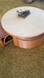 Six strand rattan nested coffee table, Paul Frankl inspired design. Ideal for MCM living room. 