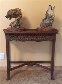 Nice side table and Randy Reading sculptures - Mountain Monarch & Primal Song